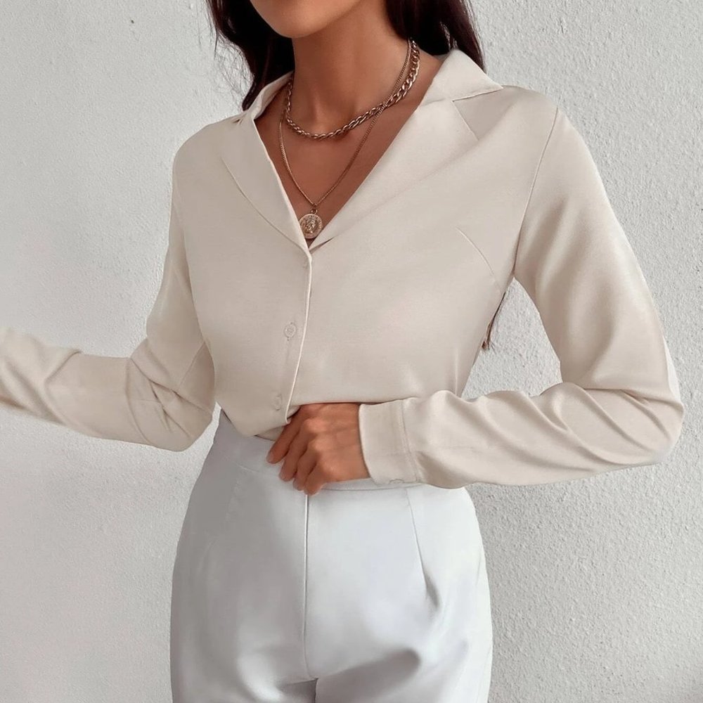 Beige Preppy Womens Solid Button Front Blouse - Picture 4 of 5